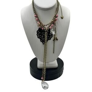 Betsey Johnson Multistrand Webb Bows‎ Pink Beads Crystals Black Heart Necklace